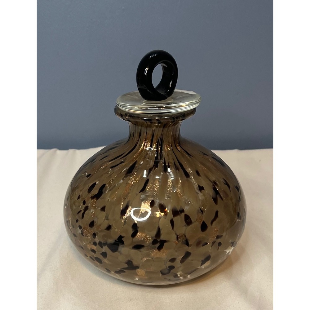 MCM Hand Blown Art Glass Decanter Tortoise Shell Amber Gold Speckle Stopper